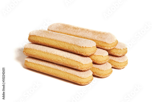 Italian cookie savoiardi (Lady Finger). Sweet biscuits. Sponge cookies for tiramisu isolated on white background.