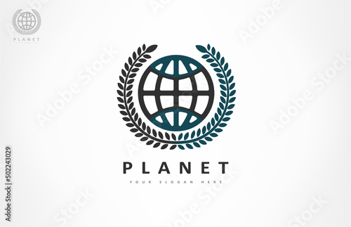 planet and olive wreath logo vector.