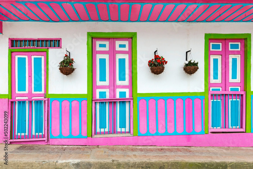 Beautiful doors and facades of the houses Salento city in Colombia