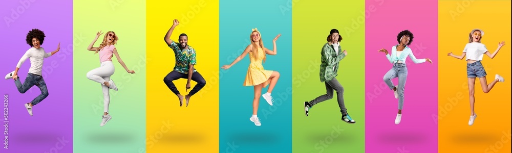 Joyful multiracial people jumping up on colorful backgrounds, collage