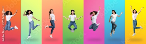 Joyful young women jumping up on colorful backgrounds, collage
