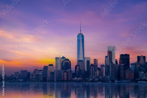 New York City Manhattan downtown skyline at dusk with skyscrapers over Hudson River, USA © CK