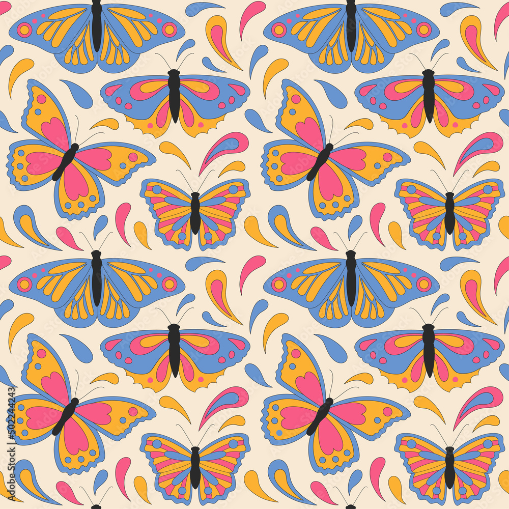 Seamless pattern with retro butterflies. Summer simple minimalist butterfly. 70 s style insect. Colorful background. Vector illustration.