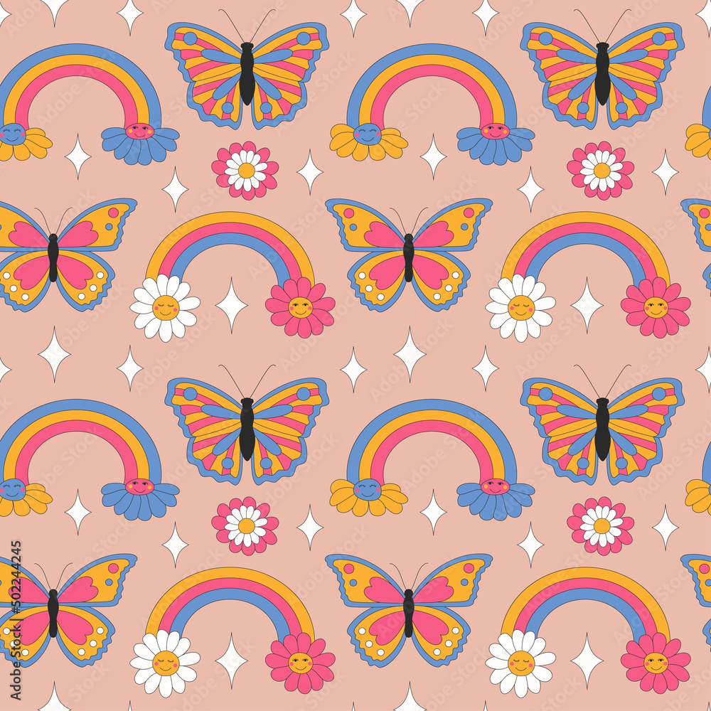 Seamless pattern with retro daisies, butterflies and sparkles. Summer rainbow simple minimalist flowers. 70 s style plants. Yellow spring daisy. Colorful background. Vector illustration.