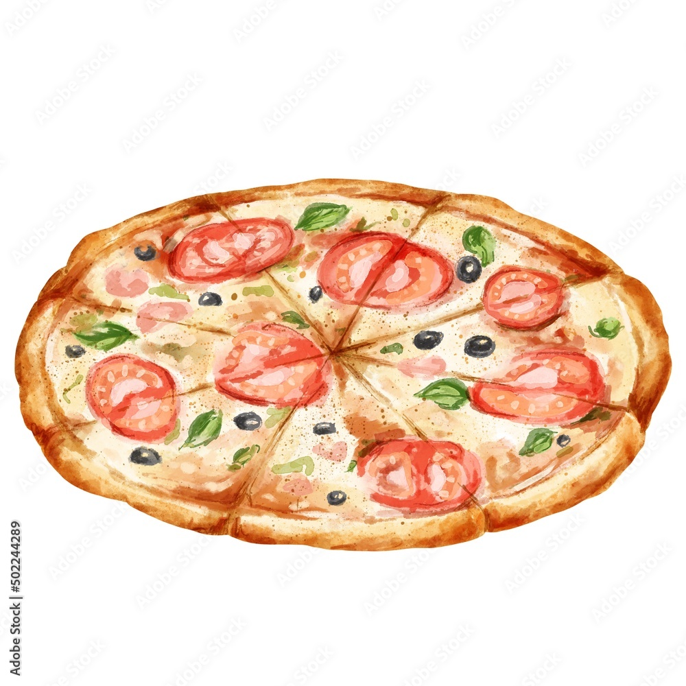 Delicious pizza isolated on white background. Food illustration.