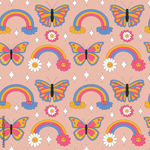 Seamless pattern with retro daisies  butterflies and sparkles. Summer rainbow simple minimalist flowers. 70 s style plants. Yellow spring daisy. Colorful background. Vector illustration.