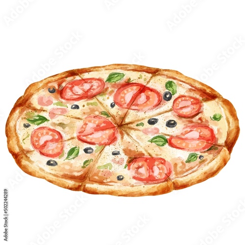 Delicious pizza isolated on white background. Food illustration.