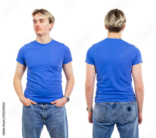 Young man posing with blank blue shirt