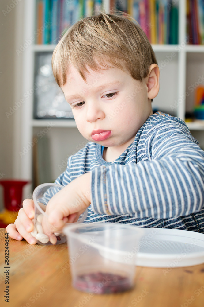 Boy sorting kidney beans from white beans. Montessori concept. Preschool implement for early education. Fine motoric skills and attention training exercise. DIY kid play at home concept.