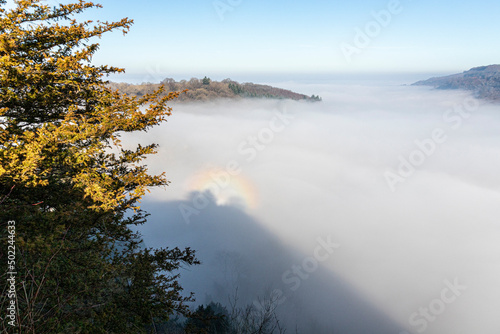 The River Wye totally obscured by mist due to a temperature inversion  seen from the viewpoint of Symonds Yat Rock  Herefordshire  England UK