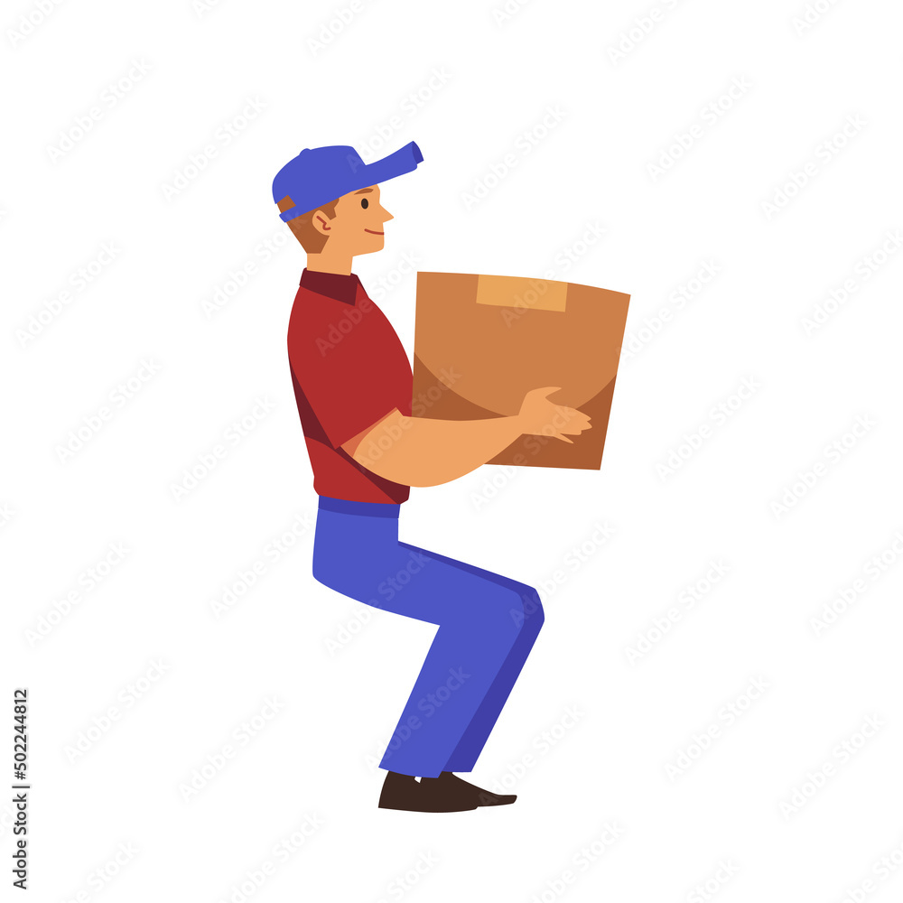 Male loader lifts weight by bending his knees, flat vector illustration isolated.