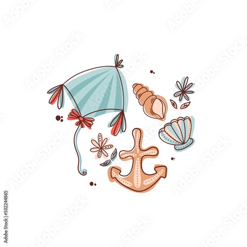 Marine illustration of shells, anchors and kite. Doodle style