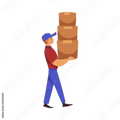 Loader or delivery man carrying stack of boxes flat vector illustration isolated.