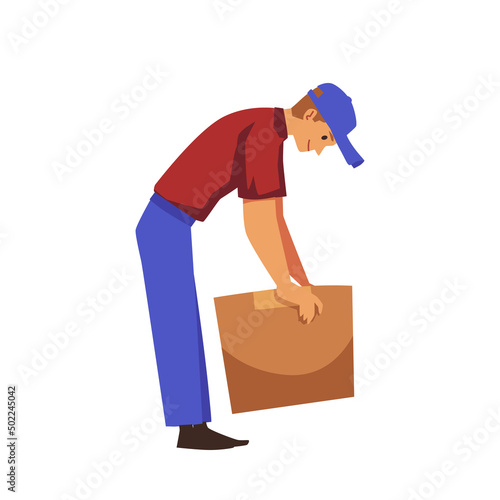 Man bends down to pick up a box with load, flat vector illustration isolated.