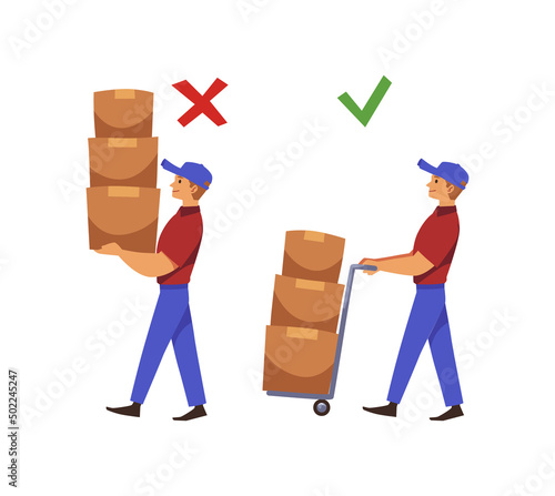Wrong and right way of carrying weights and loads, vector illustration isolated.