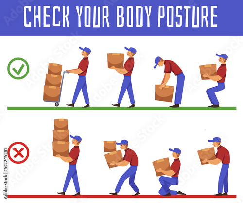 Body postures for carrying heavy weights and loads, flat vector illustration.