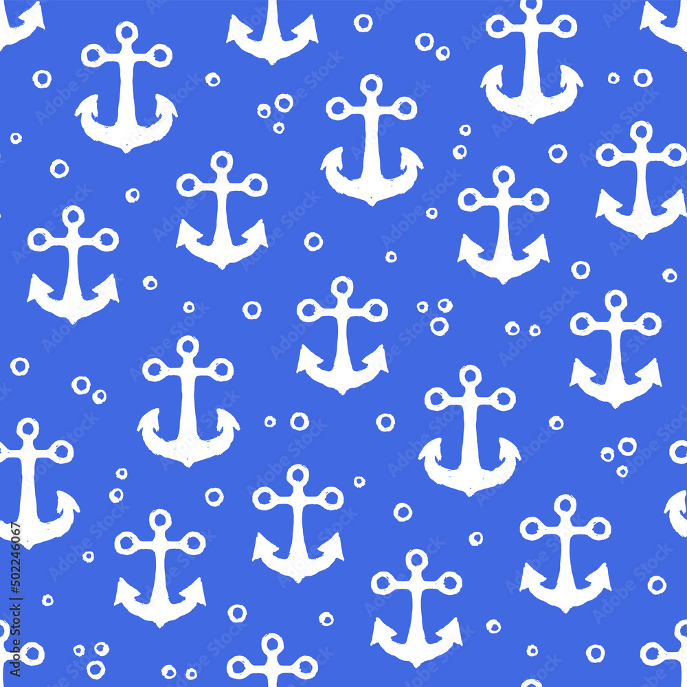 White ink ship anchors isolated on blue background. Cute monochrome marine seamless pattern. Vector simple flat graphic hand drawn illustration. Texture.