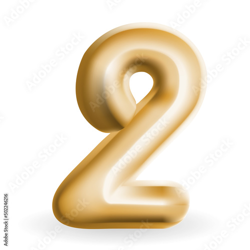 Golden Volumetric 3D Text Balloons Lettering 2 Isolated on White. Vector Illu...