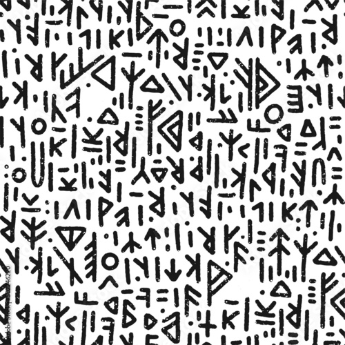 Runic seamless pattern, black white runes - Scandinavian gothic folk art. Ethnic Norwegian Icelandic background. Runic talismans of the Vikings. Magic and magical runes. Pagan signs. Futhark. 
