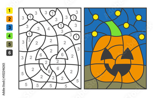 Vector coloring page Color by numbers halloween pumpkin. Puzzle game for children education and activities