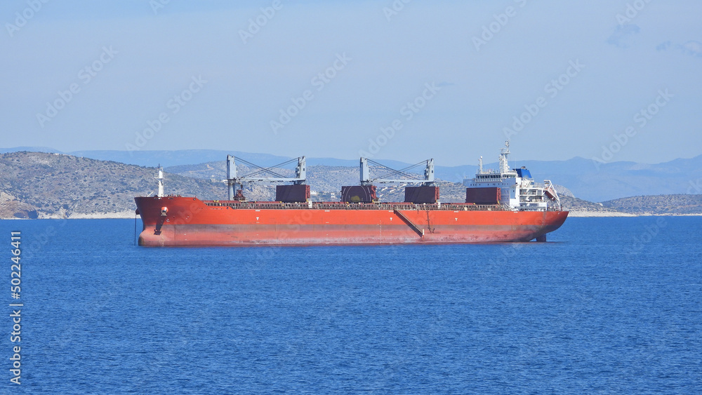 Zoom photo of tanker ship anchored near port of Piraeus and island of Salamina, Saronic gulf, Attica, Greece
