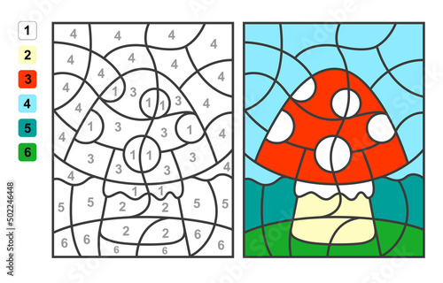 Vector coloring page Color by numbers Easter egg hunt. Puzzle game for children education and activities