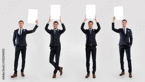 Happy man holding blank white advertising billboard at studio, collage © Prostock-studio