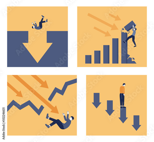 Crisis concept set. Bankruptcy with falling down profit graph and money