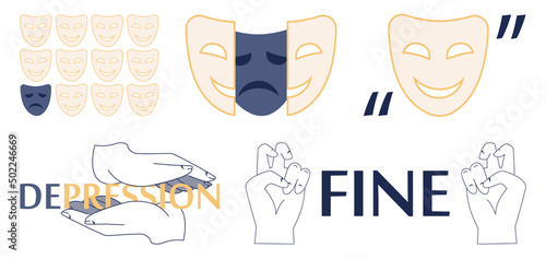 Depression concept set. Mental disorder, feeling of despair and helplessness