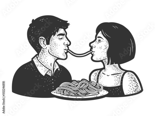 couple in love eating pasta spaghetti sketch engraving vector illustration. T-shirt apparel print design. Scratch board imitation. Black and white hand drawn image.