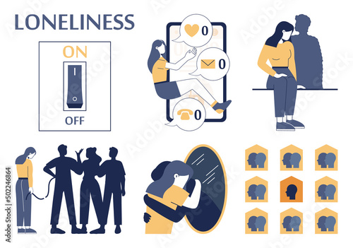 Loneliness or solitude concept set. Unhappy person being alone.