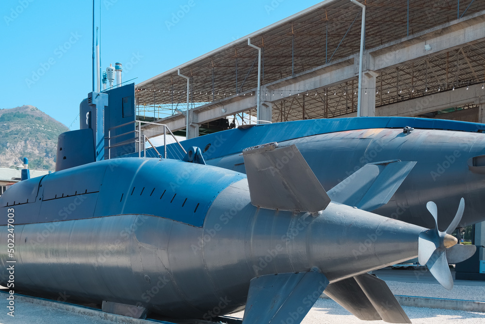 historical exhibit of old yugoslavian submarines outdoor ashore in Tivat, Montenegro. navy equipment