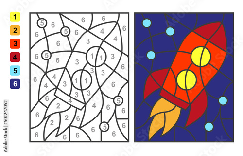 Vector coloring page Color by numbers rocket. Puzzle game for children education and activities