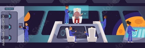 People in the cockpit of a spaceship. Spaceship interior with people, vector flat illustration.