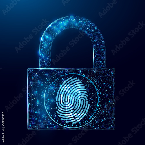 Fingerprint in padlock. Cyber security, technology identification concept with glowing low poly lock. Wireframe polygonal design. Vector illustration
