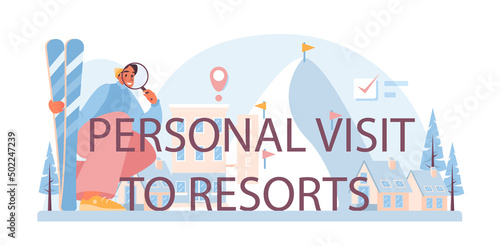 Personal visit to resort typographic header. Vacation organization