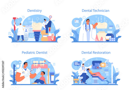 Dentistry concept set. Dental doctor in uniform treating human