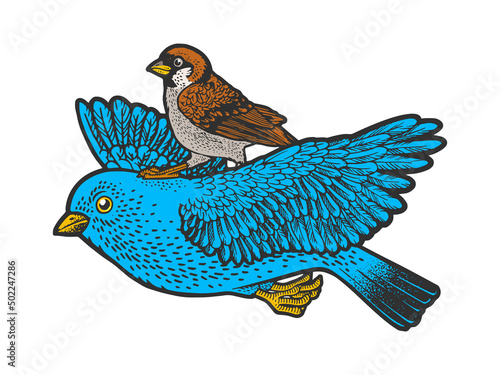 Bird ride bird while flying line art color sketch engraving vector illustration. T-shirt apparel print design. Scratch board imitation. Black and white hand drawn image.