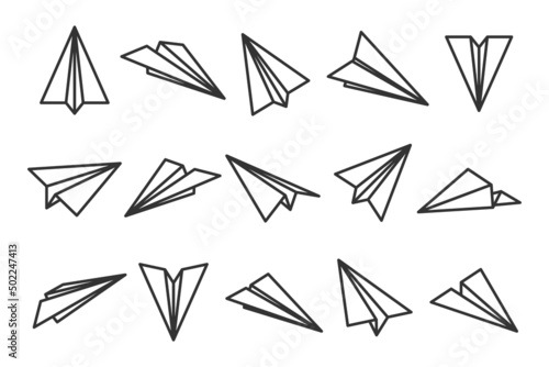 Various hand drawn paper planes. Black doodle airplanes. Aircraft icon, simple monochrome plane silhouettes. Outline, line art. Vector illustration.