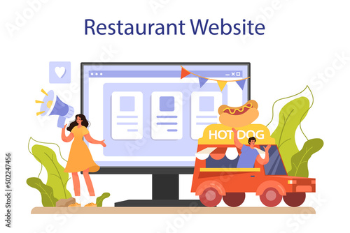 Hot dog online service or platform. Unhealthy fast food cooking