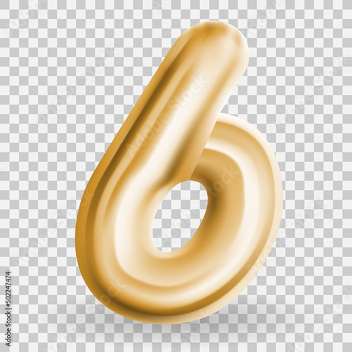 Golden Volumetric 3D Text Balloons Lettering 6 on Transparent Background. Vec...
