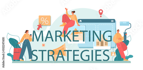 Marketing strategies typographic header. Travel company promotion