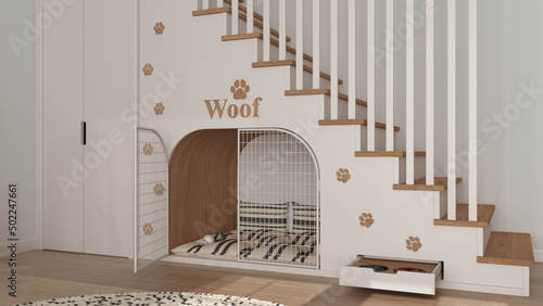 Cozy space devoted to pets in white and wooden tones, dog room interior design, concept idea. Wooden staircase decorated with prints, kennel with pillows and gate, wardrobe