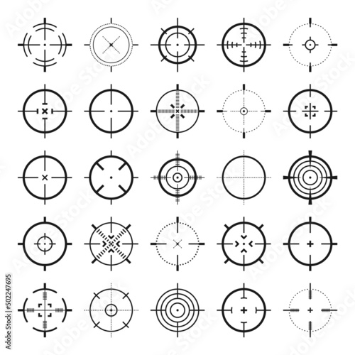 Crosshair, gun sight vector icons. Bullseye, black target or aim symbol. Military rifle scope, shooting mark sign. Targeting, aiming for a shot. Archery, hunting and sports shooting. Game UI element.