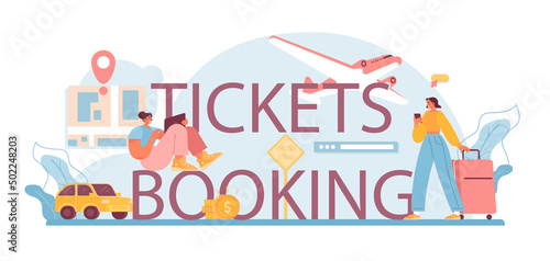 Tickets booking typographic header. Buying a ticket for plane, bus or train.