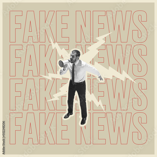 Contemporary art collage. Man in official cloth shouting in megaphone fake news isolated over grey background photo