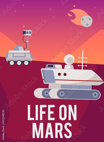 Spaceship travel to planet mars, vector flat illustration. Fantasy landscape with robot and spaceships on Mars.