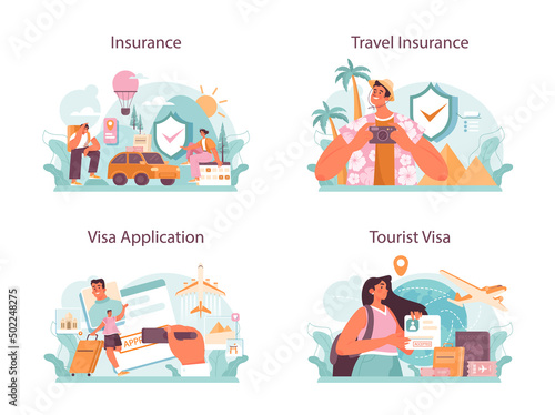 Traveling abroad concept set. Visa application approving and insurance