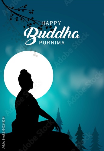 Happy Vesak Day Buddha Purnima With blue Background Silhouette Vector Illustration design