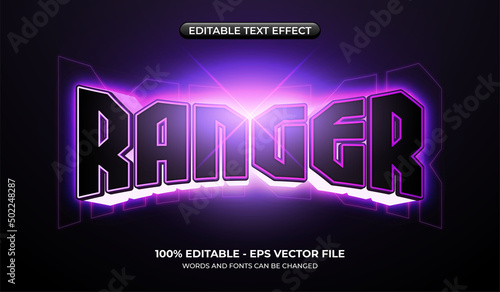Futuristic ranger text effect. 3d gamer graphic styles with neon light. The realistic glowing font effect